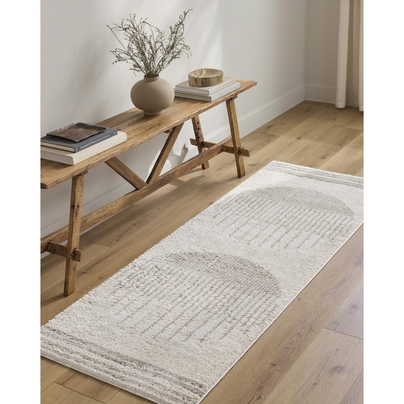 Livabliss Scandinavian Fossay Shag Stripe Washable Area Rug - 5'3" x 7' - Light Beige/ Medium Gray
