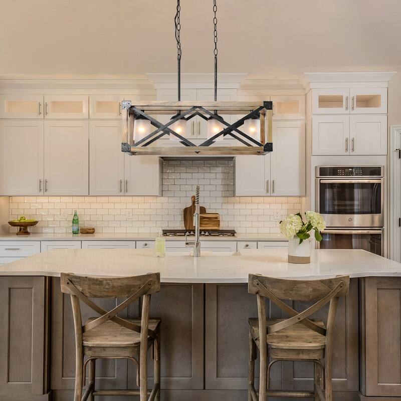 Farmhouse Rustic 4-Light Chandelier Wood Linear Island Lights
