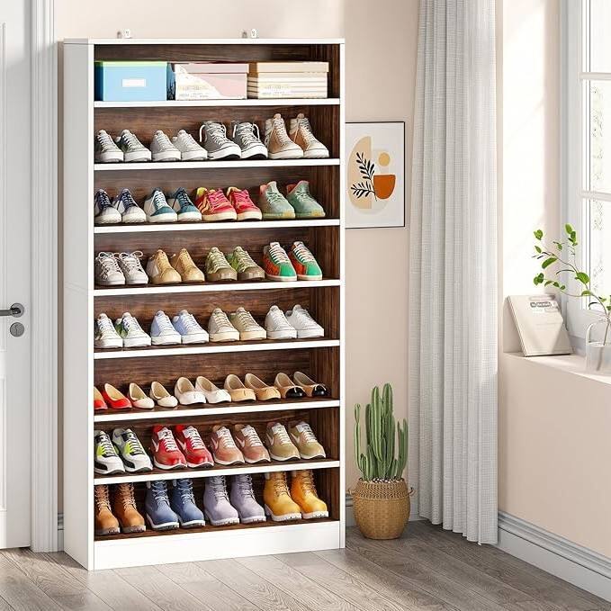 9 Tier White/Brown Wood Shoe Storage Cabinet, Holds Up To 45 Pairs - Multi