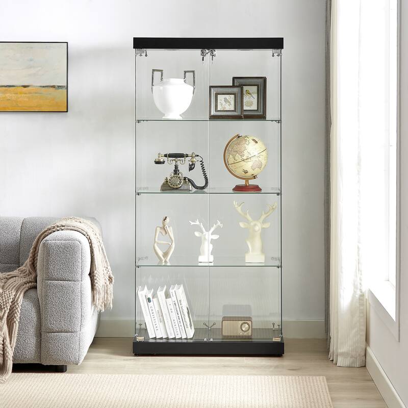 4-Tier Double Glass Door Display Bookshelf with Two Locks and 2 Lamp - Black