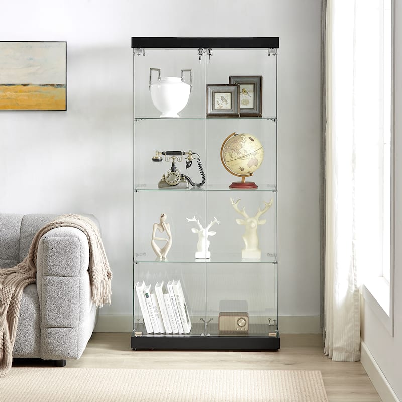 4-Tier Glass Display Cabinet, Double Door Glass Cabinet, Four Partitions, Two Locks, Floor Standing Storage Cabinet - Black