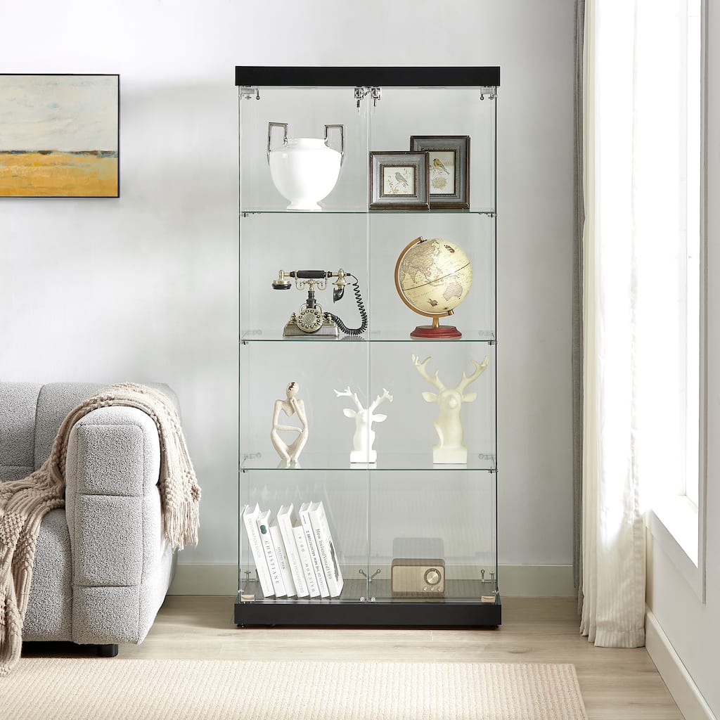 4-Tier Glass Display Cabinet, 2-Door Storage Floor Standing Cabinet with Four Partitions, Two Locks