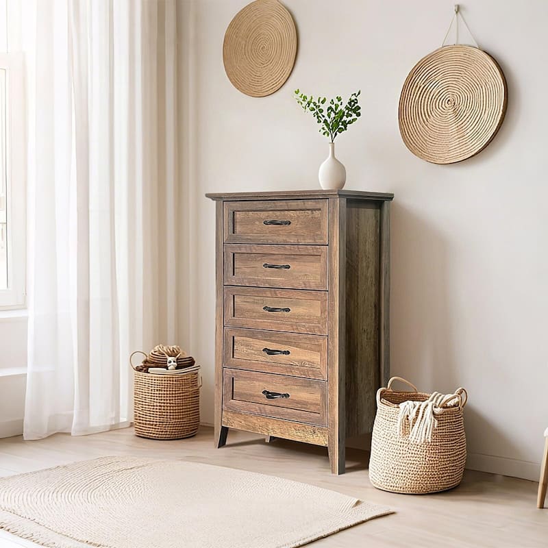 5 Drawers Dresser for Bedroom, Wood Tall Chset of Drawers, Farmhouse Dresser Chests with Metal Handle for Bedroom,Living