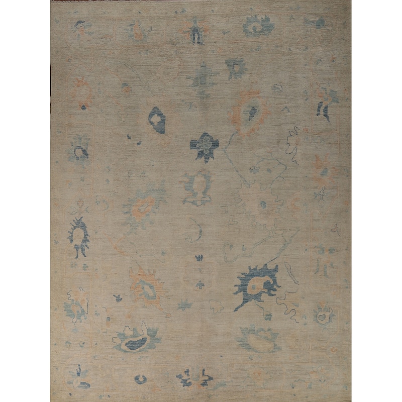 Beige Oushak Turkish Rug Hand-Knotted Transitional Wool Carpet - 9'2"x 11'3"