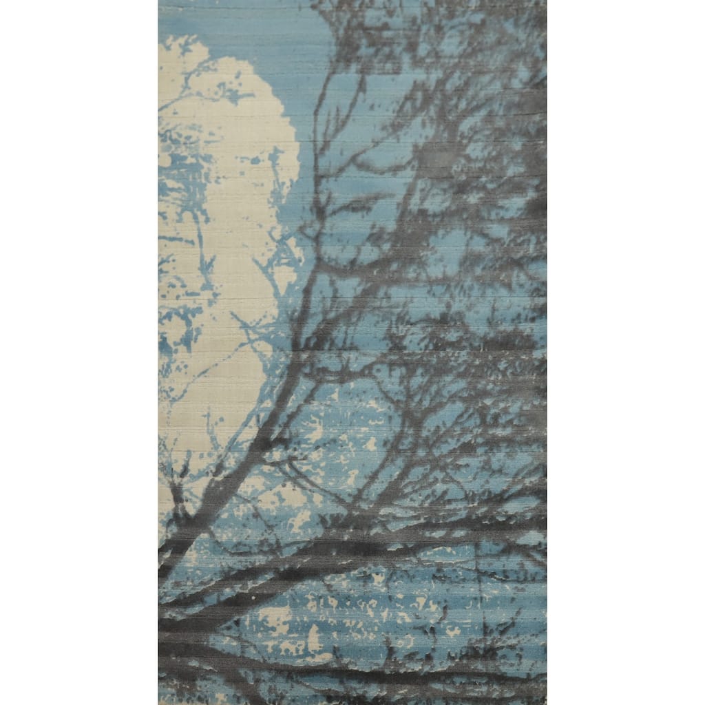 Hand Knotted Oriental Viscose Silk Carpet Modern Pictorial Navy Blue & Blues Abstract Area Rug - 5' 5'' X 3' 0''