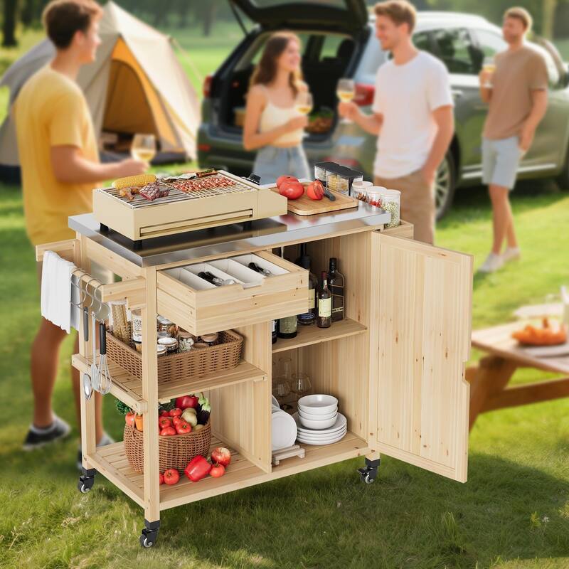 Outdoor Grill Cart with Storage Cabinet and Stainless Steel Worktop