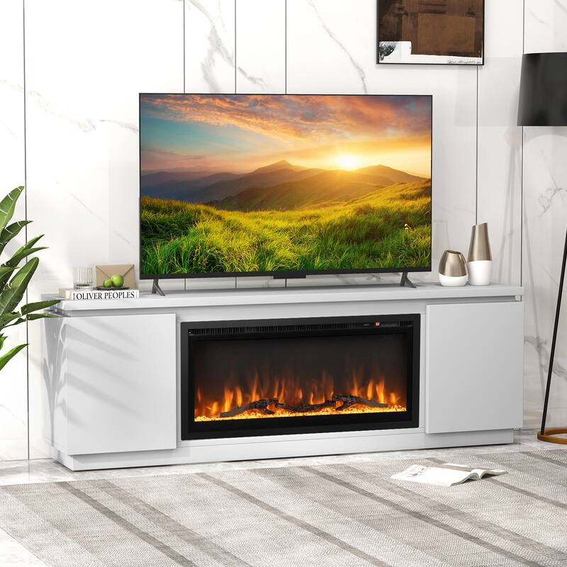 Electric Fireplace TV Stand with Adjustable-Removable Shelves and 2 Cabinets for Living Room - 70" x 14" x 24"