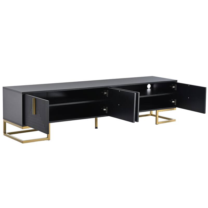 Geometric Lines TV Stand with Metal Legs, Gold Handles for TVs Up to 80", Wood Media Console Table w/ Cabinets for Home