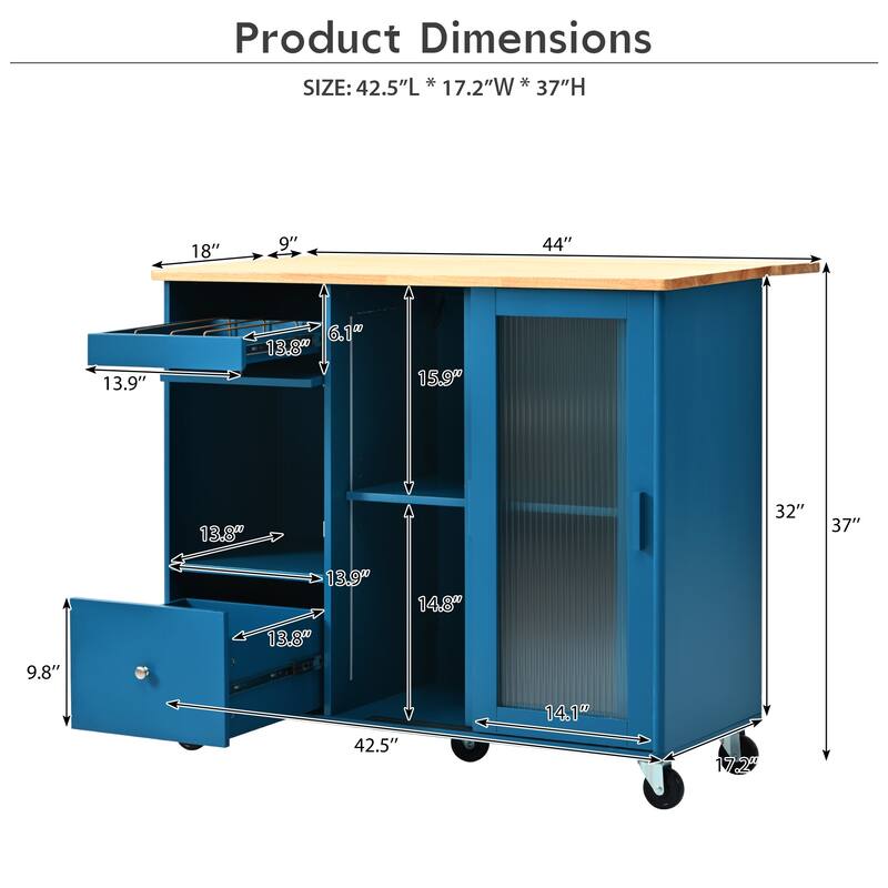 LED Light Kitchen Cart on Wheels with 2 Fluted Glass Doors