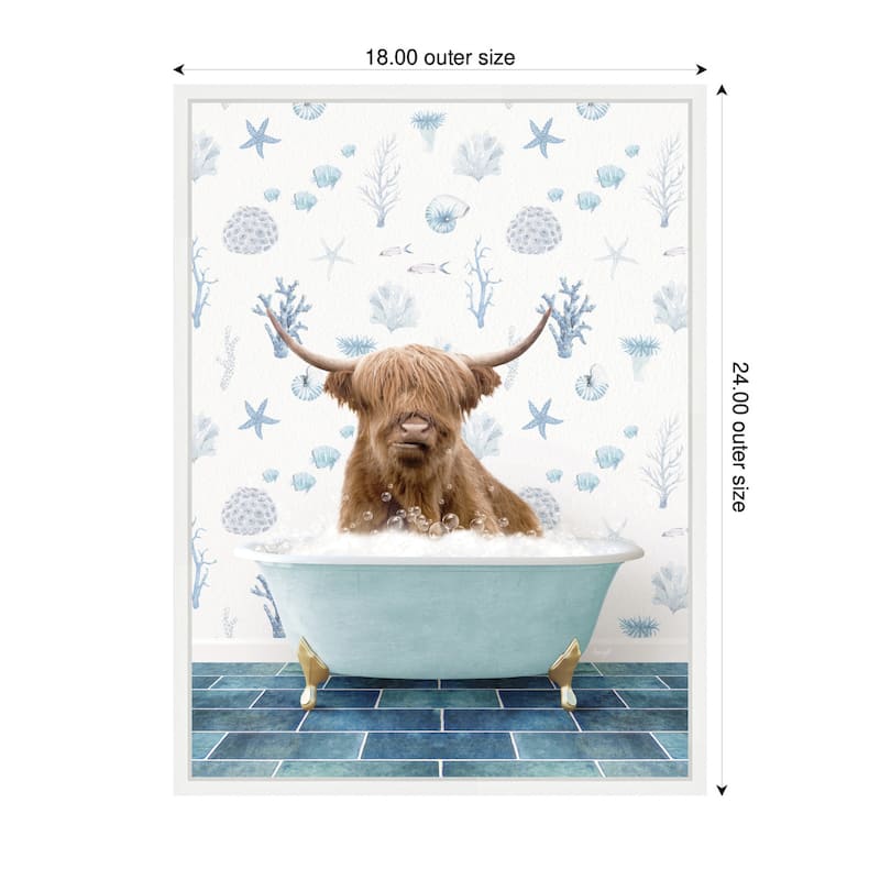 Kate and Laurel Sylvie Highland Cow in Under the Sea Bathtub Framed Canvas by Amy Peterson