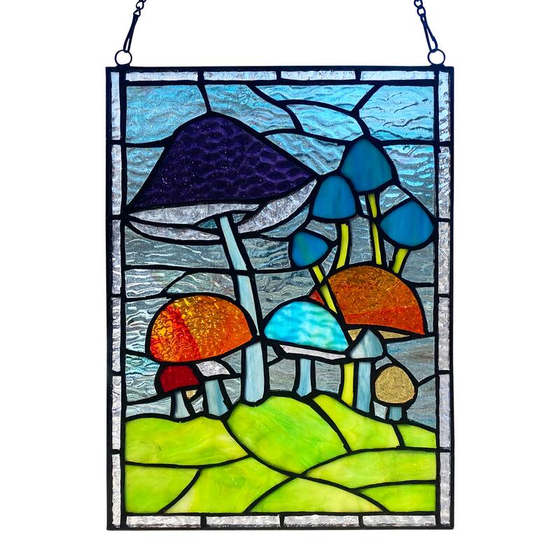 Mushrooms River of Goods Colored Stained Glass Vertical Window Panel
