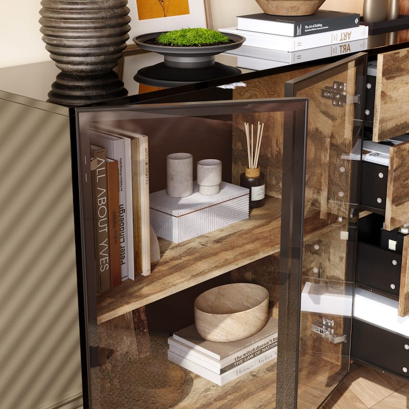 Bookshelves Sideboard Cabinet with Glass Doors and Rustic Wood Drawers 63" Credenza Storage Cabinet