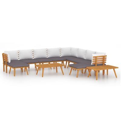 Roma 12pc Set Outdoor Modular Sofa, 2 Tables Acacia Wood, Gray, White
