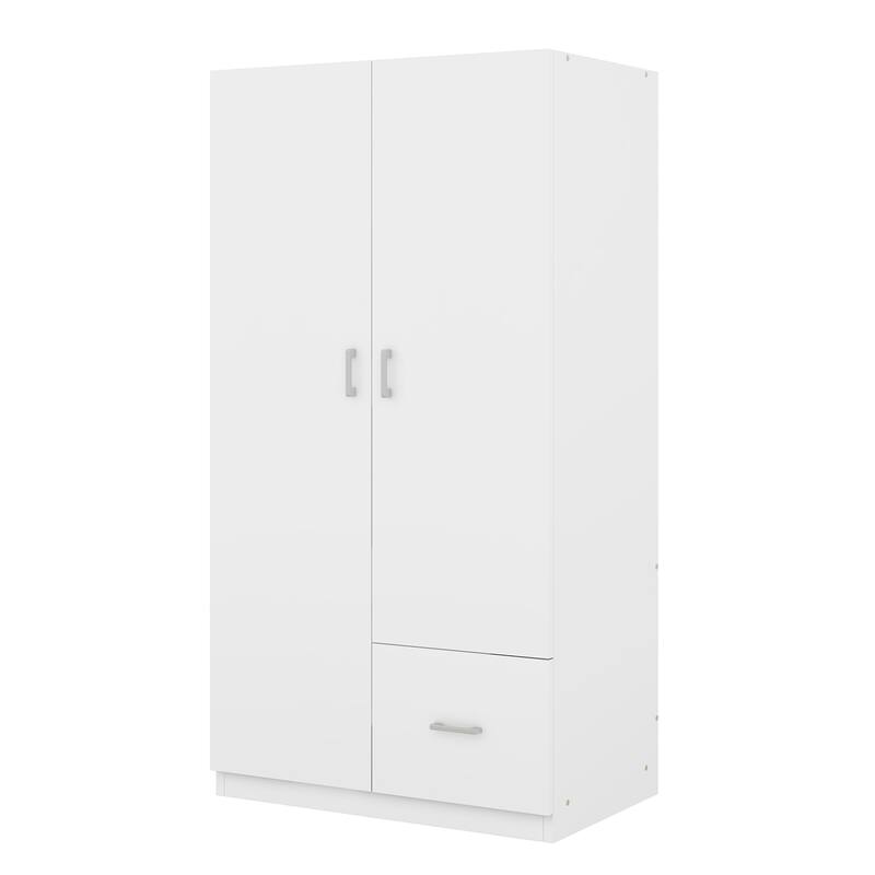 Wooden Floor Wardrobe with Double Doors, Modern Armoire with 5 Fixed Shelves, Storage Drawer Built-in Hanging Rod for Bedroom