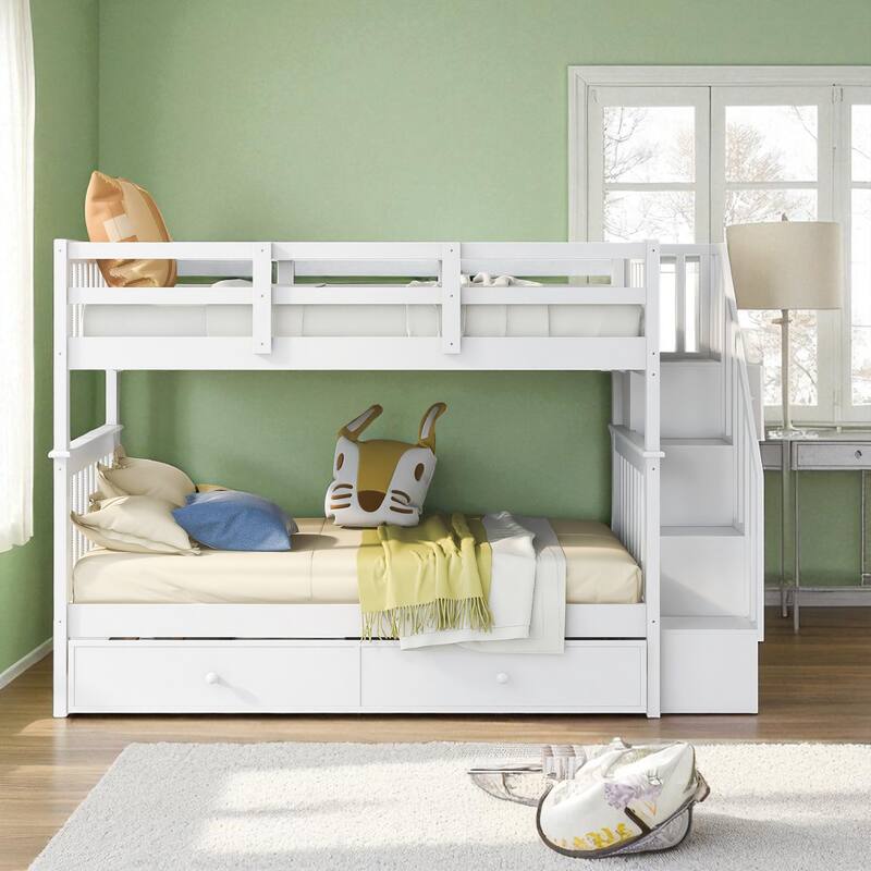 Stairway Twin Over Twin Bunk Bed with Trundle and Storage Drawers, Convertible Design, Solid Wood Frame