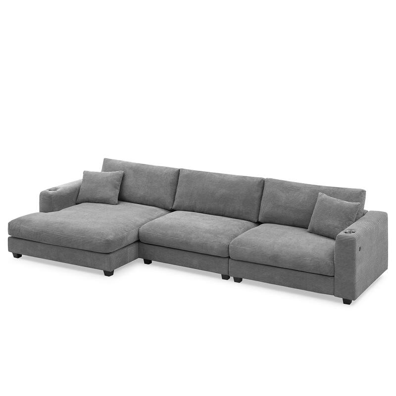 Spacious 4-Seater Corduroy Cloud Couch with Chaise, USB Charging Ports, and Cup Holders