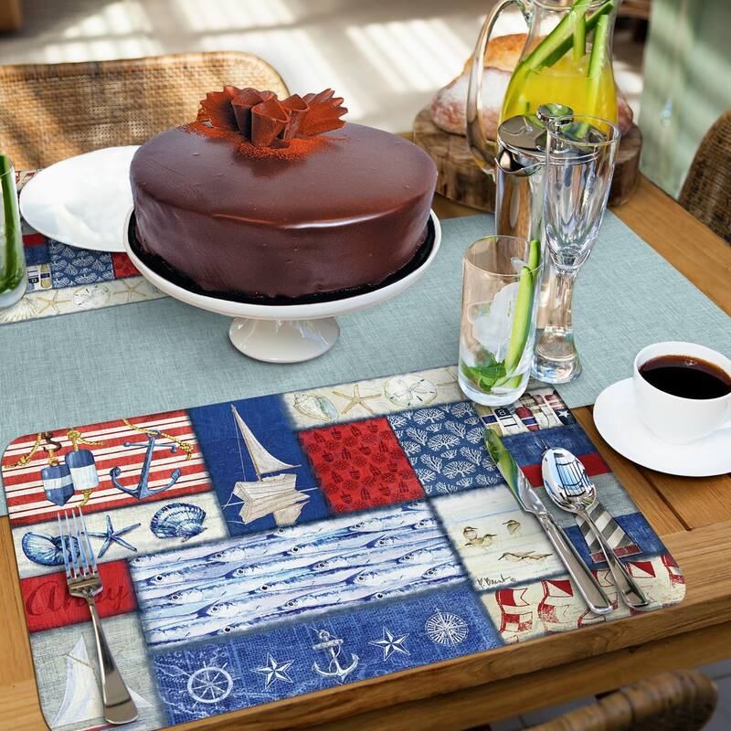 Nautical Fragments 4 Pack Reversible Easy Care Flexible Plastic Placemats Made in The USA BPA Free Easily Wipes Clean