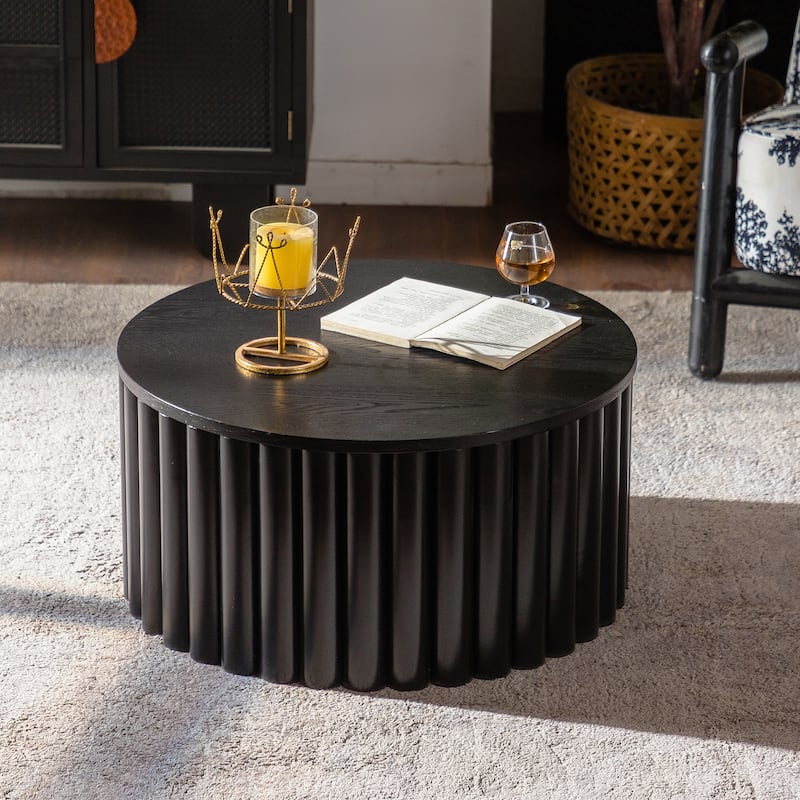 GDFStudio - Modern Lift-Top Round Storage Coffee Table with Handcrafted Relief Pedestal Base