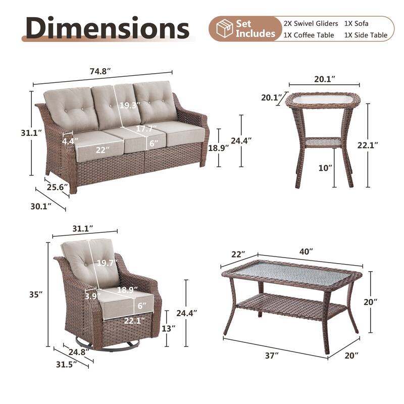 Artisan Patio Brown Wicker Sofa Conversation Set with 6-Inch Thick Cushions