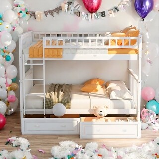 Full over Full Pine Bunk Kids Bed Frame with Guardrail & Drawers, Convertible to 2-Separate Platform Beds, Easy Assembly, White