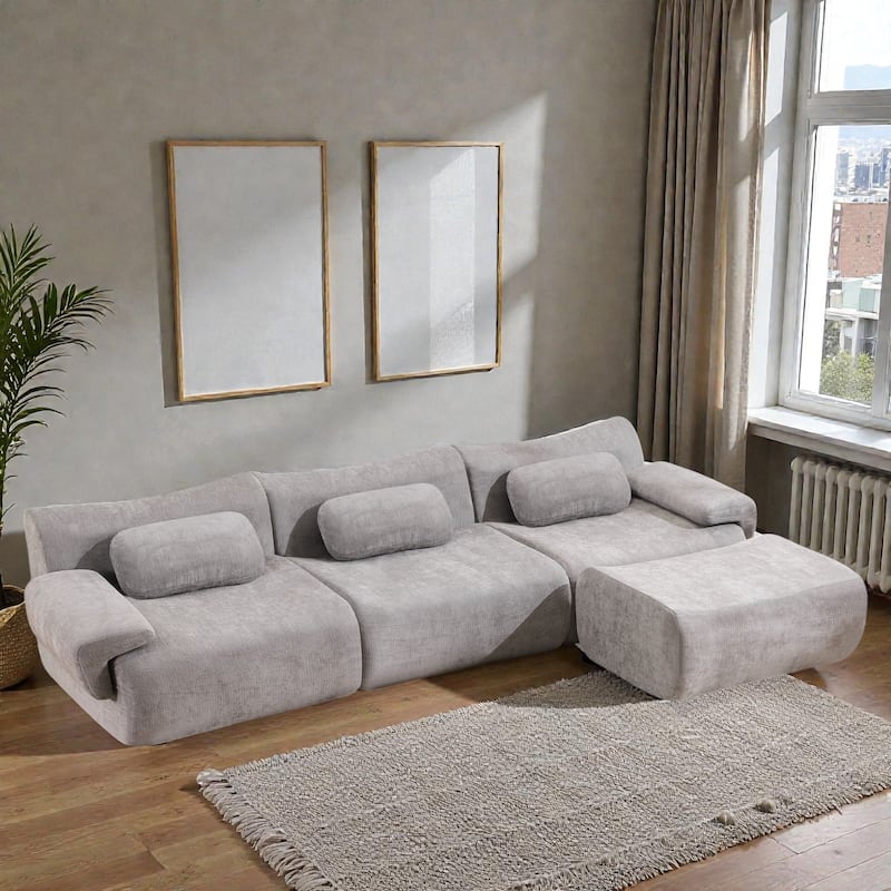 Modular Chenille Sofa Set with Armchair, Extra Large Deep Seat 3 Seater Compression Couch with Pillows - Grey
