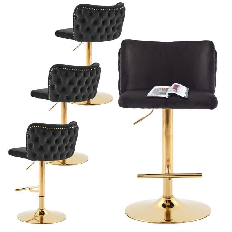 Upholstered Swivel Counter Bar Stools Set of 4 - Black Gold Velvet