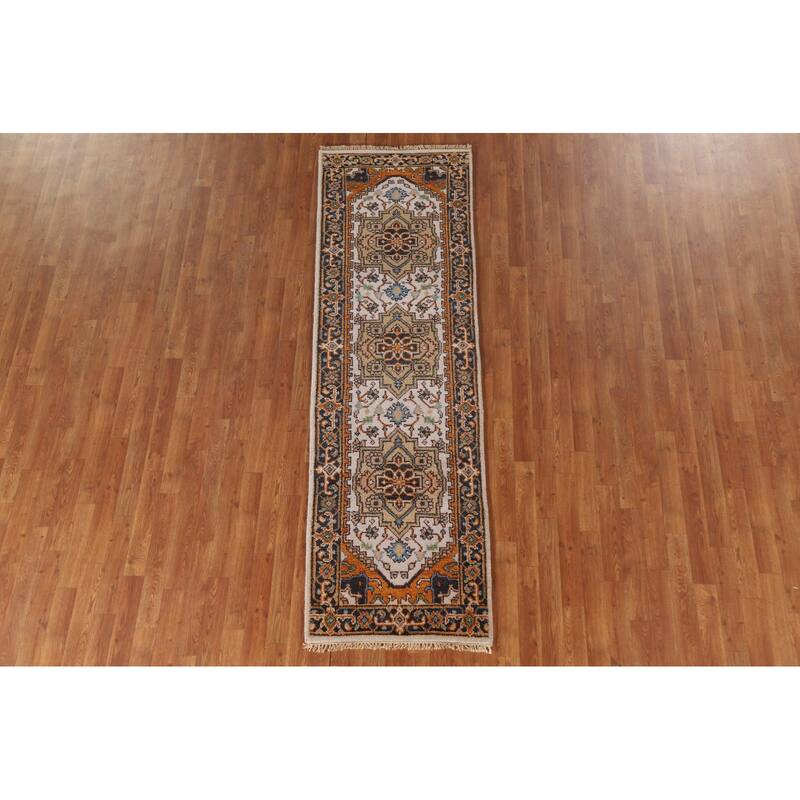 Geometric Beige Heriz Serapi Runner Rug Hand-Knotted Wool Carpet - 2'5"x 8'1"