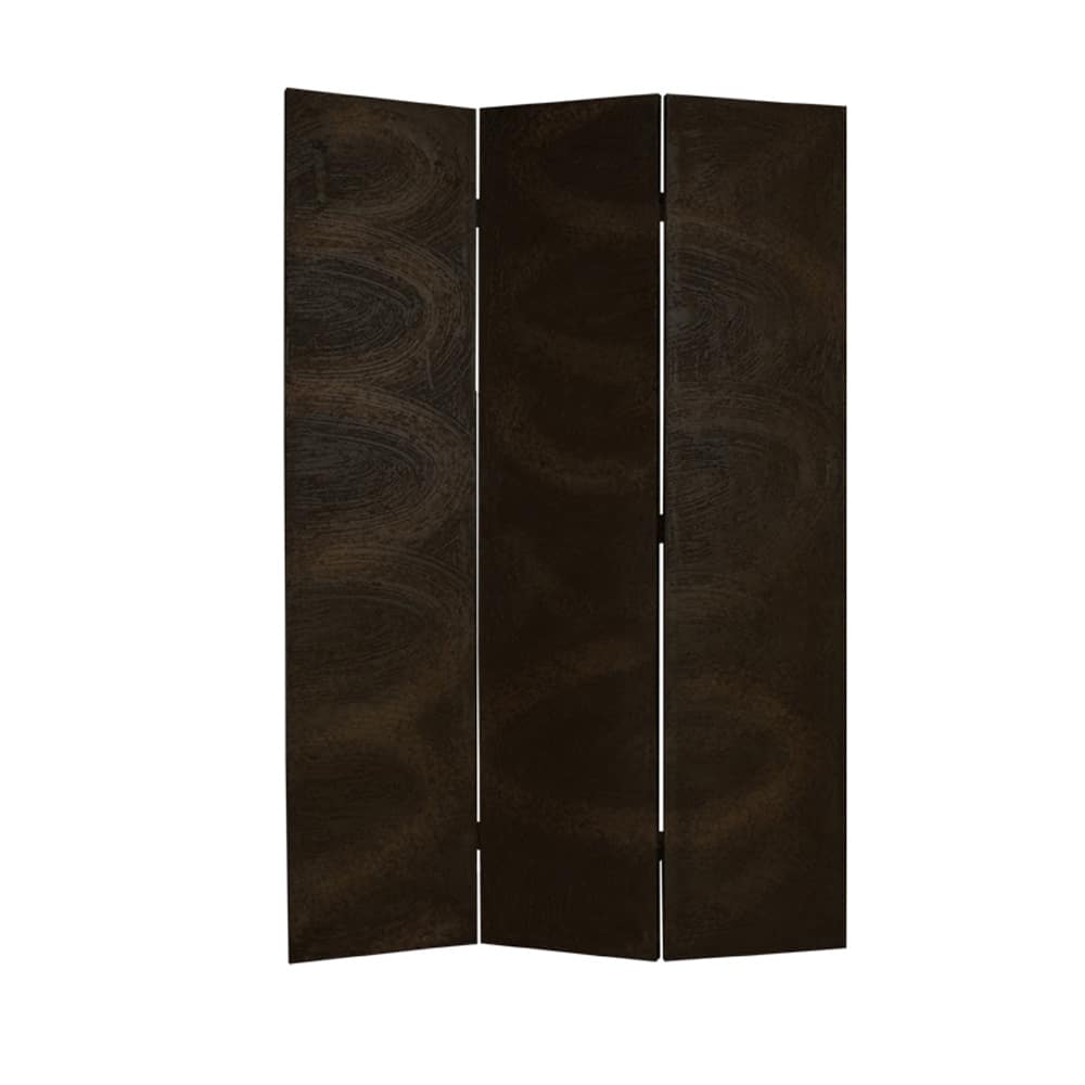 Foldable 3 Panel Canvas Room Divider with Swirl Details, Dark Brown