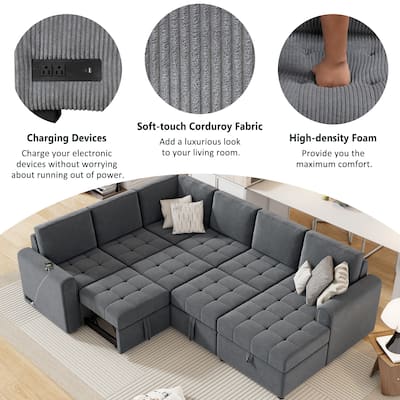 107.5" Convertible Sectional Sofa with Chaise and Pull-out Sofa
