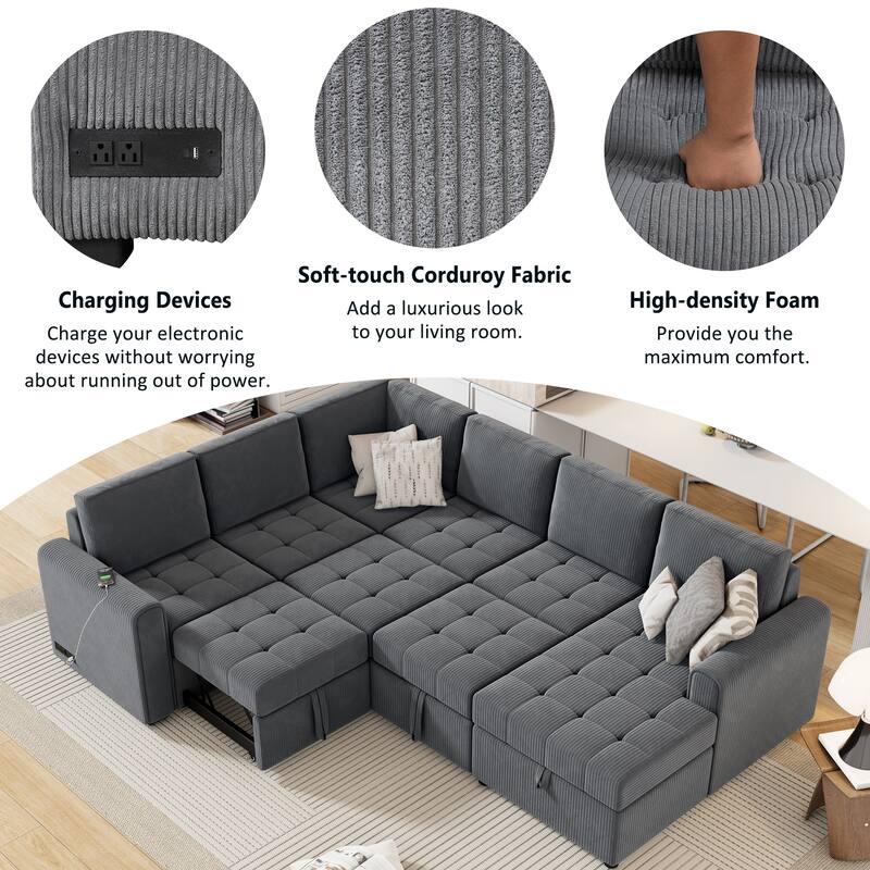 Grey 107.5" U-Shaped 5-Seater Sectional Sofa with Pull-Out Bed, Storage Chaise Lounge, USB Ports, and Power Outlets