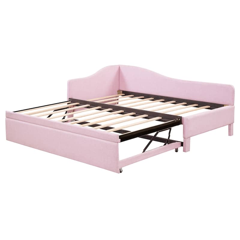 L-Shaped Daybed Twin To King Upholstered Daybed with Pop Up Trundle Linen & Wood Bed Frame for for Youth Teens or Adults