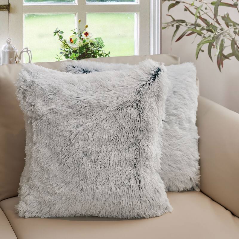 Cheer Collection Super Soft Shaggy Long Hair Throw Pillows Set of 2 Plush Accent Cushions - 22" x 22" - Blue Ombre