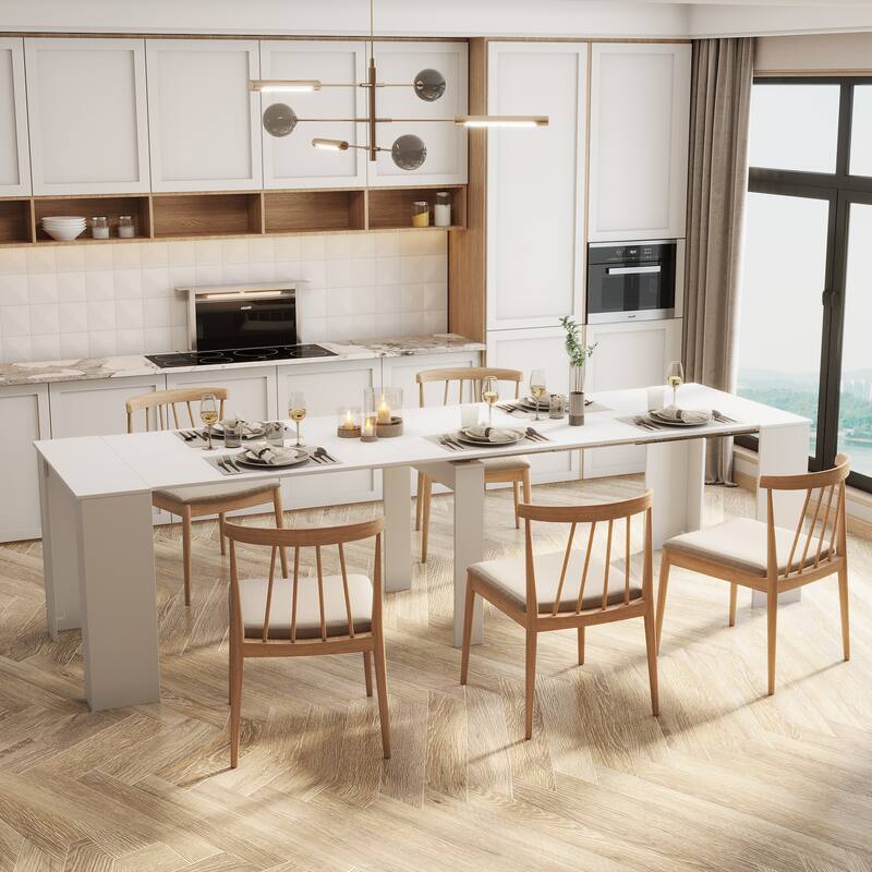 2 in 1 Multifunctional Extendable Console Table Dining Table for 4-8 People with 5 Different Size - White