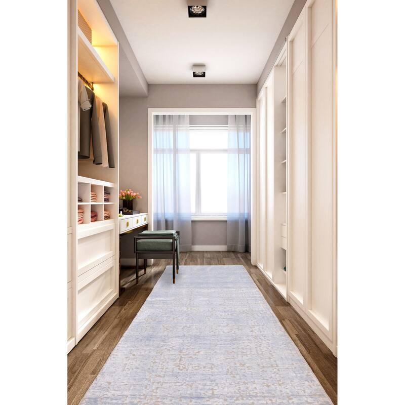 ECARPETGALLERY Hand-knotted Legacy Light Denim Blue Silk, Wool Rug - 2'8 x 8'11