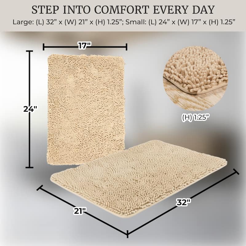 Bathroom Rugs - 2-Piece Memory Foam Bathroom Set with Chenille Shag Top and Non-Slip Base by Windsor Home