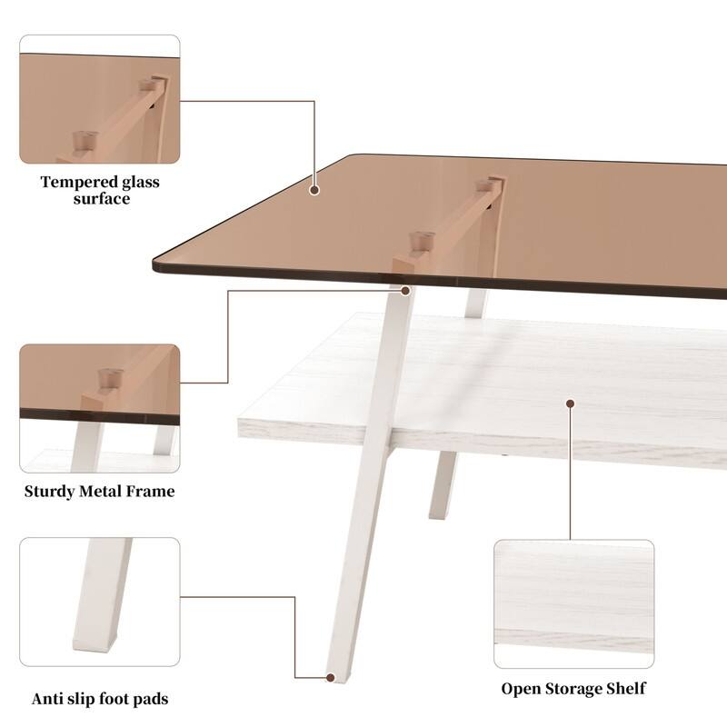 Rectangle Tempered Glass Coffee Table with Metal Legs