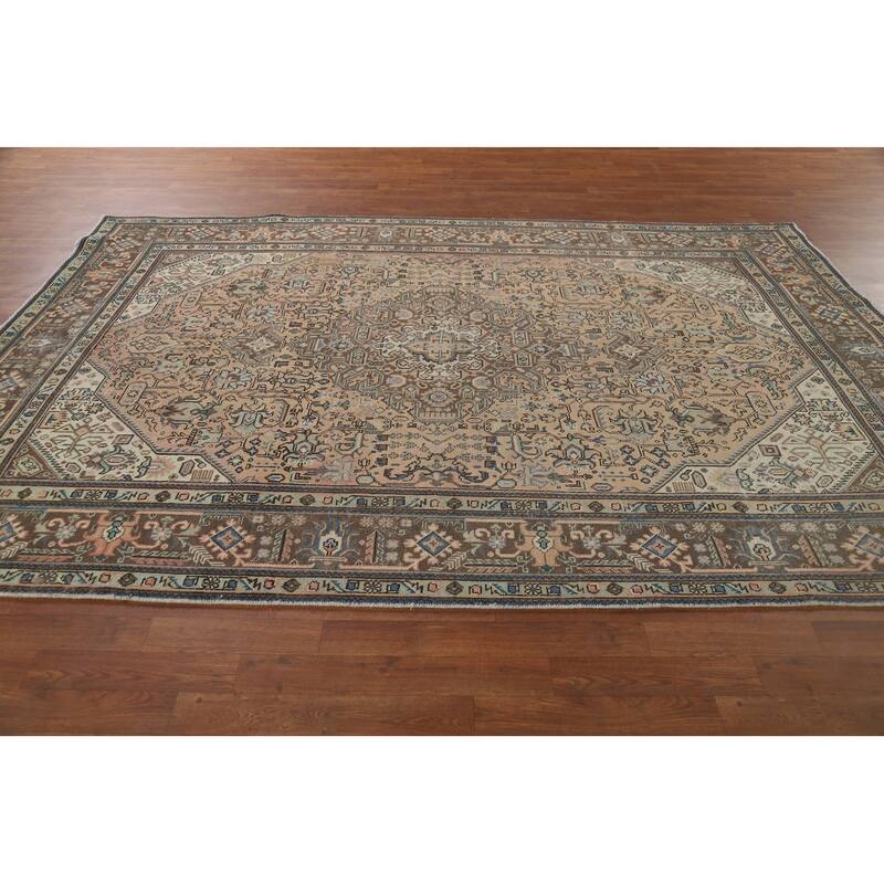 Geometric Tabriz Vintage Persian Area Rug Hand-Knotted Wool Carpet - 6'8" x 9'10"