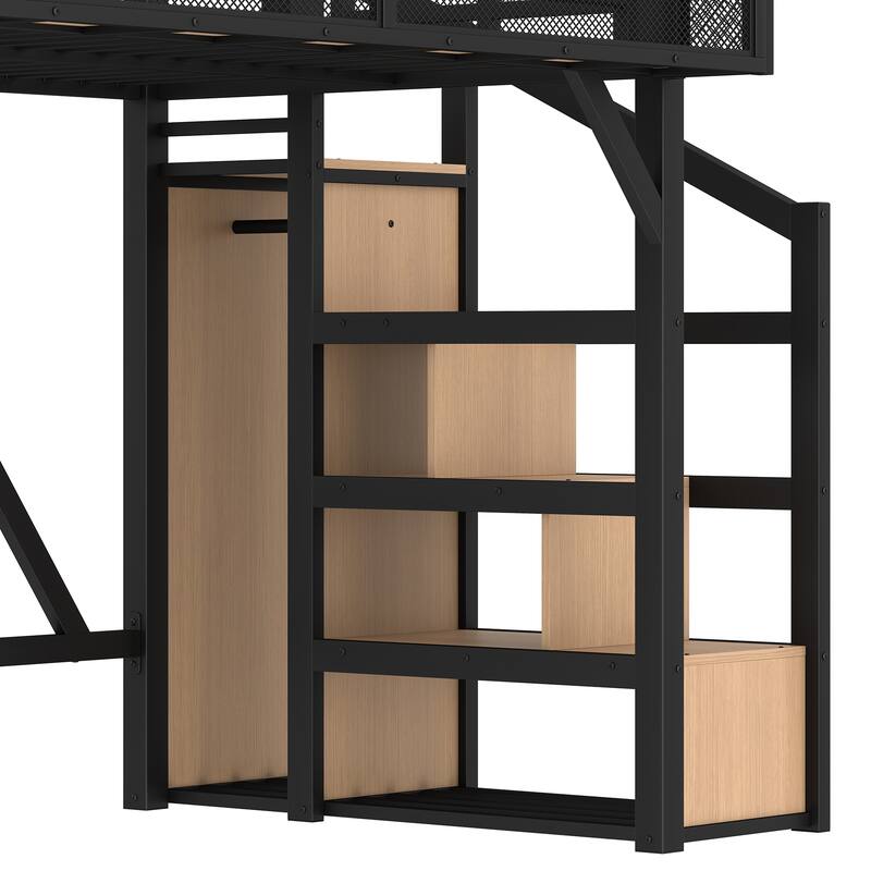Noise-reduced Design Metal Loft Bed Frame with Storage Stairs, Shelves, Built-in Wardrobe, Light Strip and Charging Station