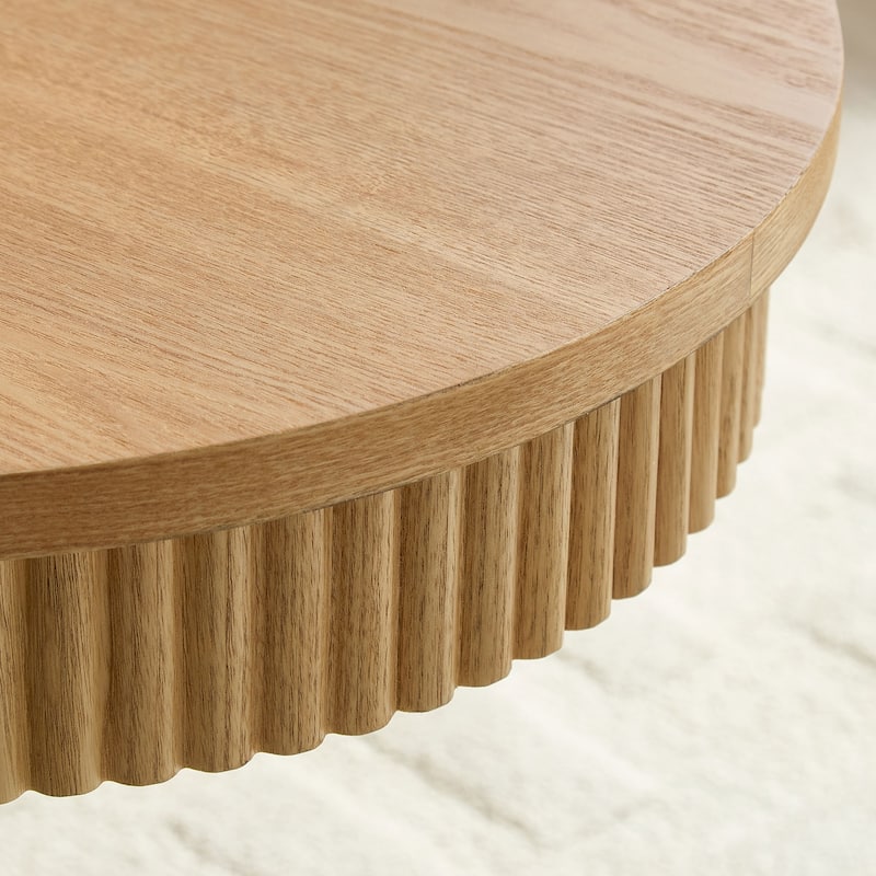 Ellipse Drum Accent Table Modern Oval Handcraft Coffee Table with Fluted Design and Sturdy Pedestal for Living Room