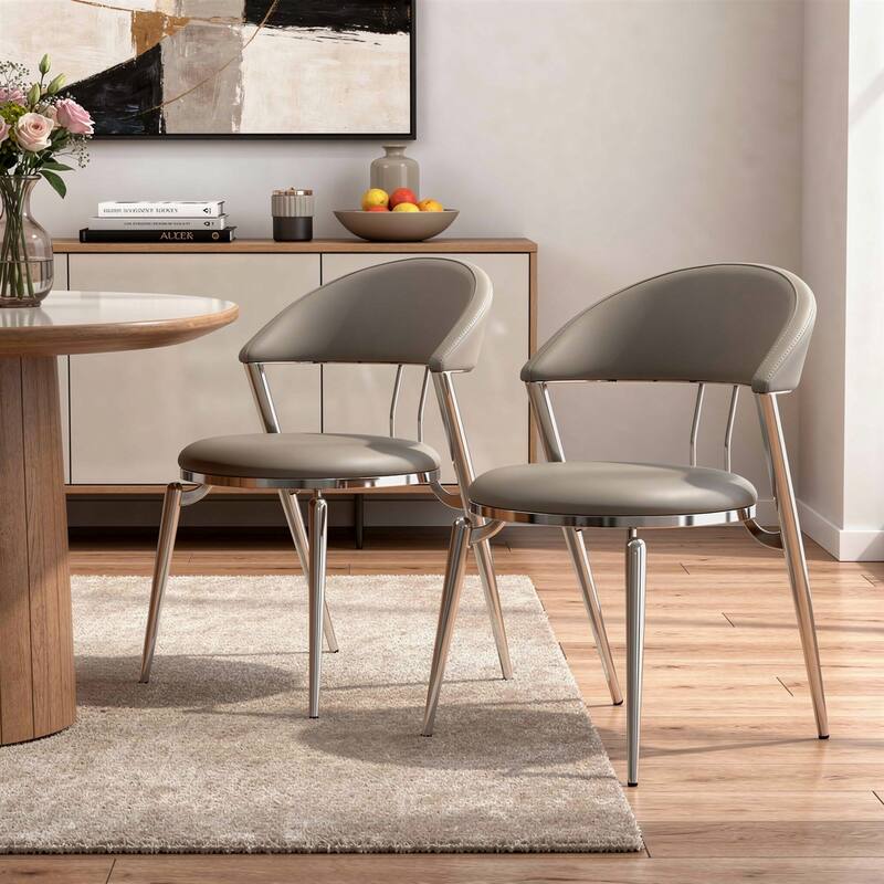 HomeRoots Set of Two Gray and Silver Faux Leather and Stainless Steel Open Back Dining Side Chairs - Set of 2 - 20.00 in. x 31.00 in.  x 23.00 in. - Gray