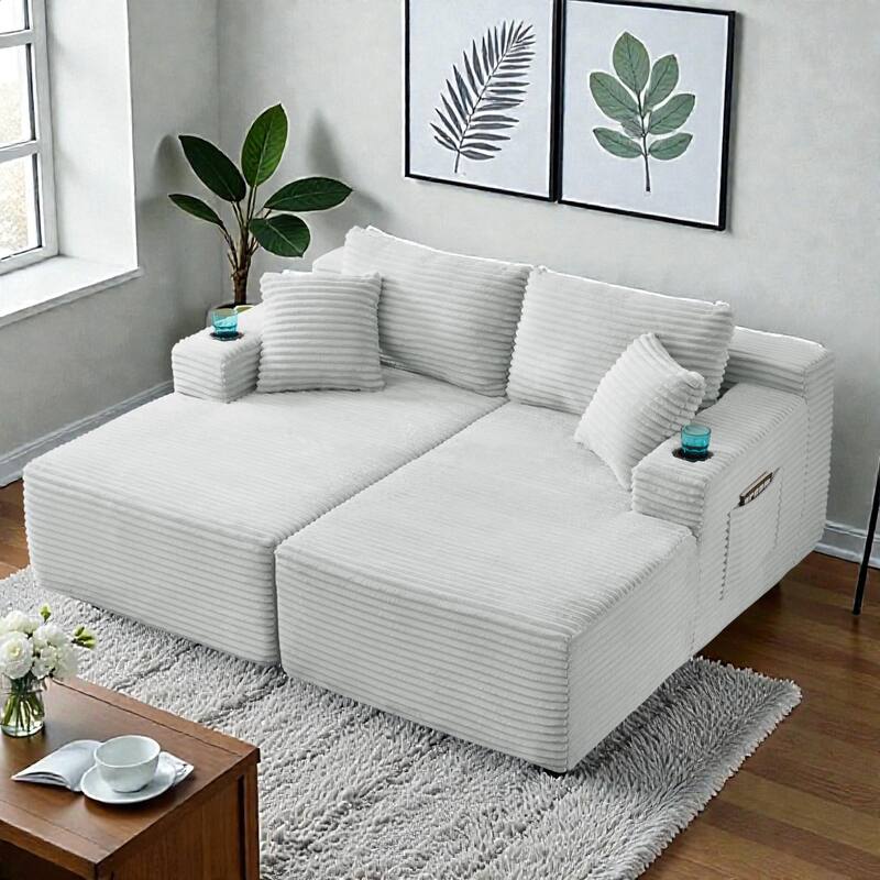 Compressible U-Shaped Modular Sectional Sofa, Corduroy Cloud Couch, 6-Seat Minimalist Living Room Sofa