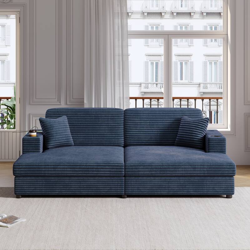86.5" Corduroy Chaise Lounge Sofa Bed with USB & Cup Holders