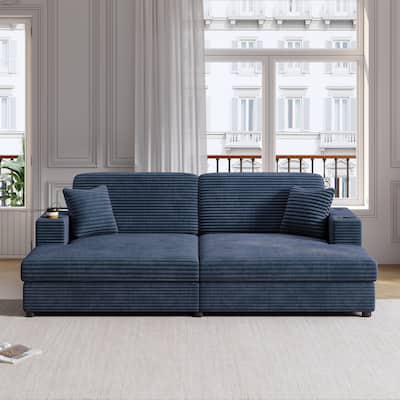 Corduroy Loveseat, Upholstered Deep Seat Sofa Lounge Couch Bed w2 Pillows and 2 Cup Holders 2 USB Ports Recliner Sofa