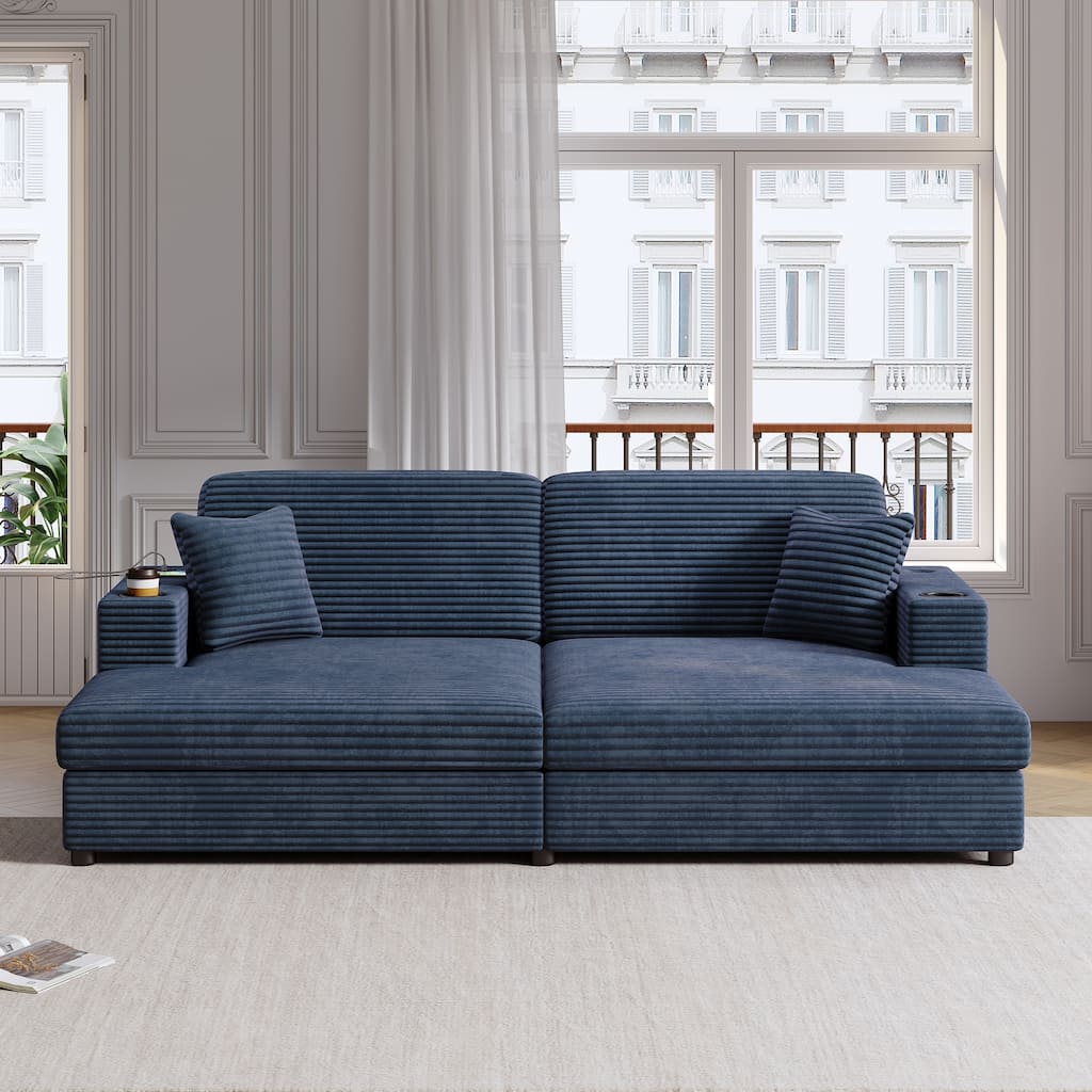 Corduroy Loveseat, Upholstered Deep Seat Sofa Lounge Couch Bed w2 Pillows and 2 Cup Holders 2 USB Ports Recliner Sofa