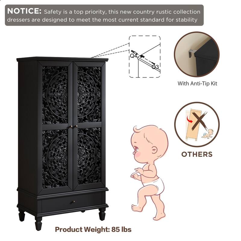 Carved Accent Cabinet Kitchen Pantry Cabinet with Doors, 55" Tall Storage Cabinet with Solid Wood Legs