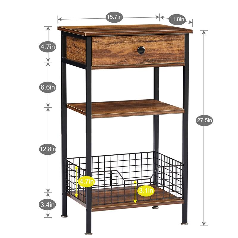 27.5" Tall Nightstand with 1-Drawer and Open Storage Shelf, Metal Frame and Fence Sofa End Table (Set of 2)