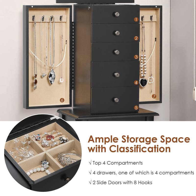 Costway Jewelry Cabinet Storage Chest Standing Organizer Mirror White - See Details