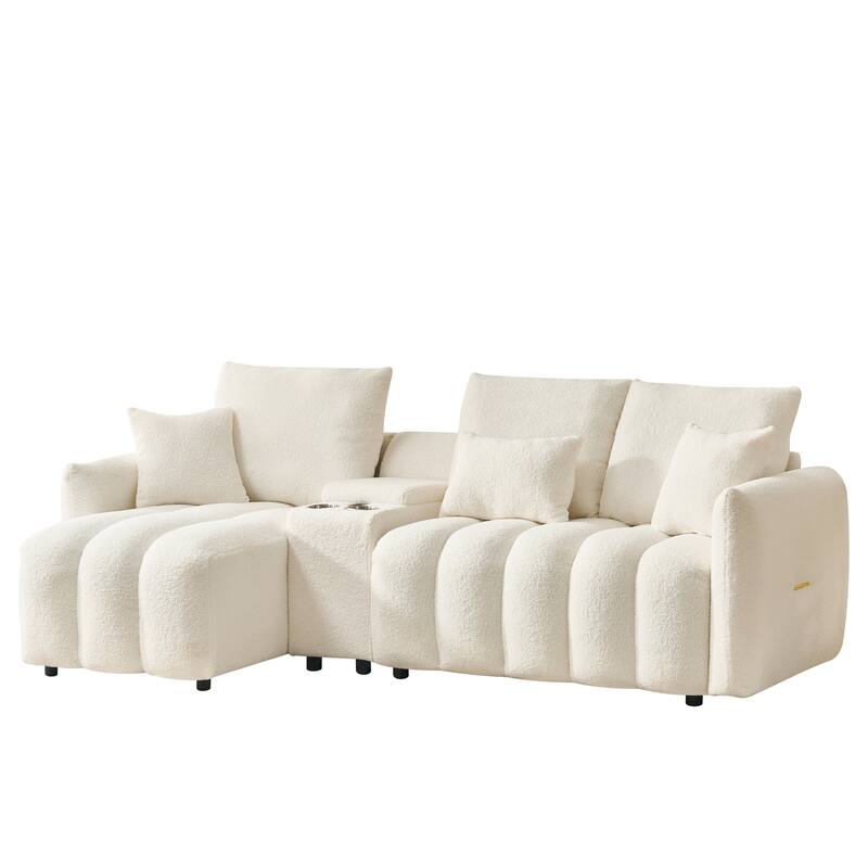 91.7" Modern Teddy Sectional Sofa with Storage Console, USB Ports & Cup Holders, Upholstered L-Shaped Couch with Chaise Lounges