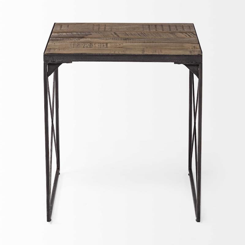 Black Metal Base Square End Table with 2 Inch Brown Solid Wood Top and Iron Legs - 24” x 24” x 22.5” (D x W x H)