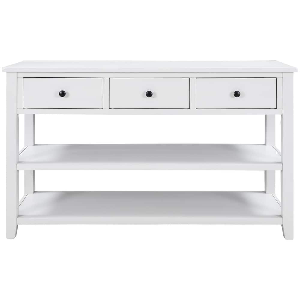 Retro Design Console Table with Two Open Shelves, Pine Solid Wood Frame and Legs for Living Room